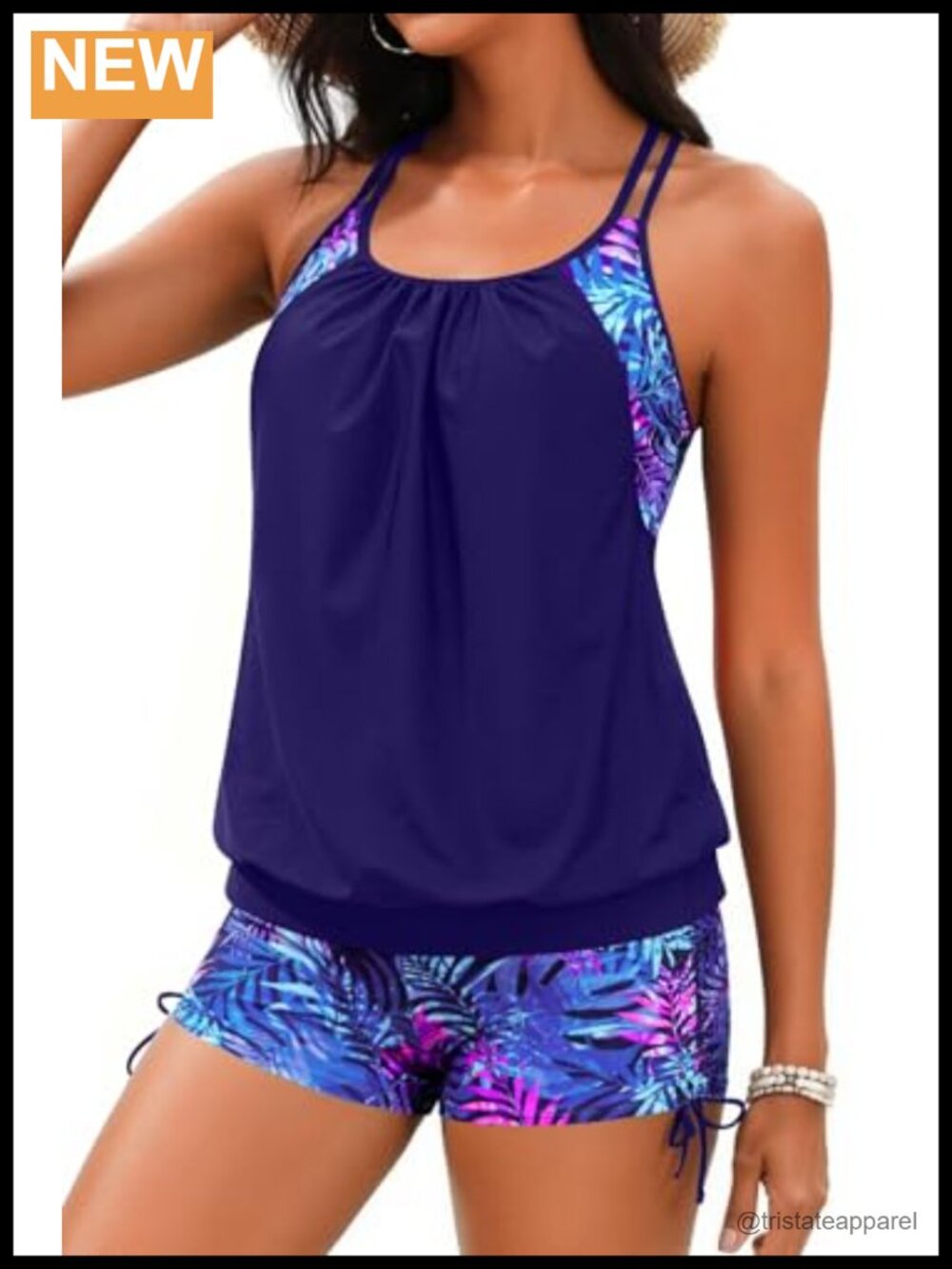 Tankini Swimsuit Blouson Tummy Control High Waist Two Piece Bathing Suit